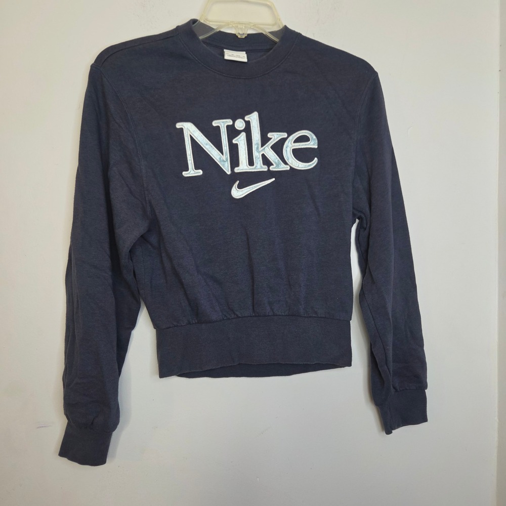 Nike Womens Cropped Sweatshirt Navy Blue Chenille Logo Fleece Pullover XS